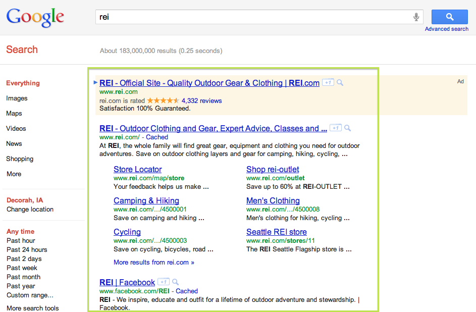 SEO and SEM Equals Internet Success - Google Example - REI.com SEO and SEM Equals Internet Success - Google Example - REI.com